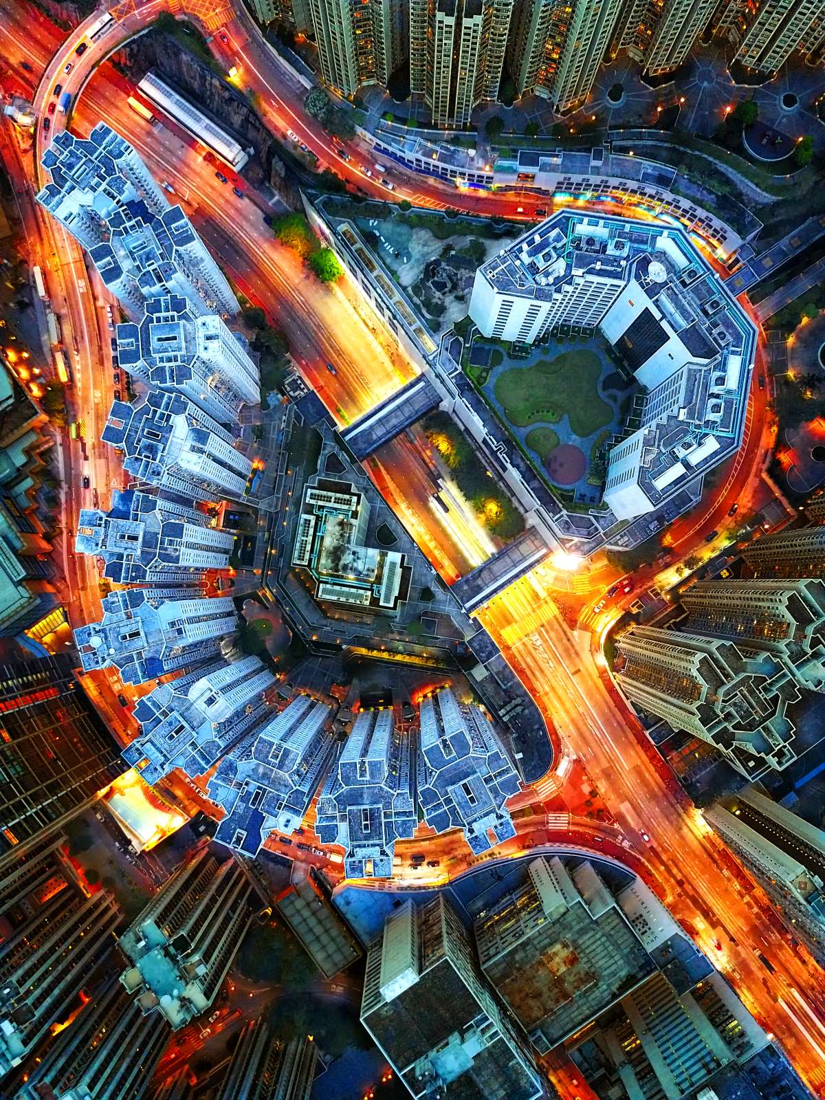 Overhead of city at dusk