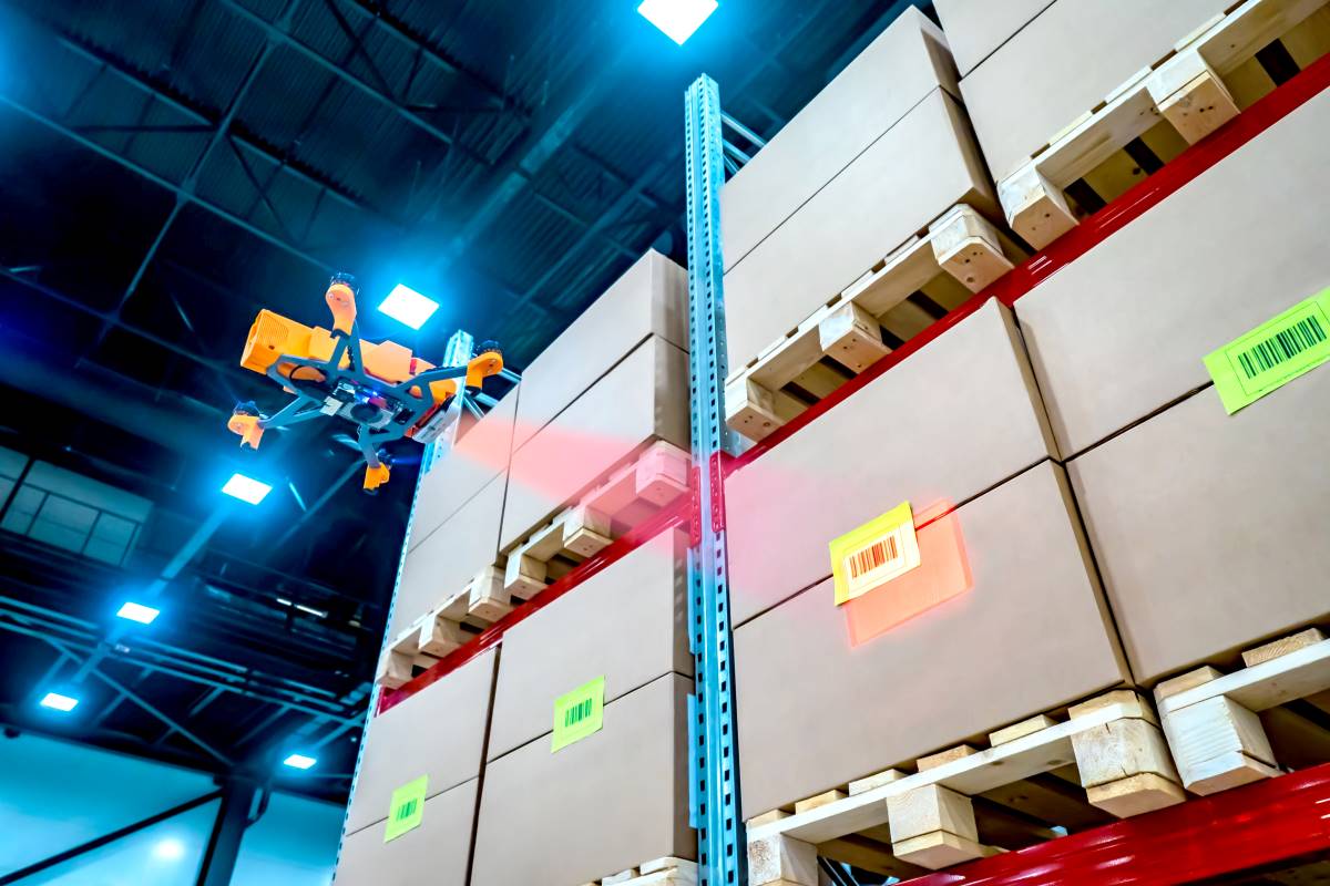 Drone Scans Barcode Modern Warehouse