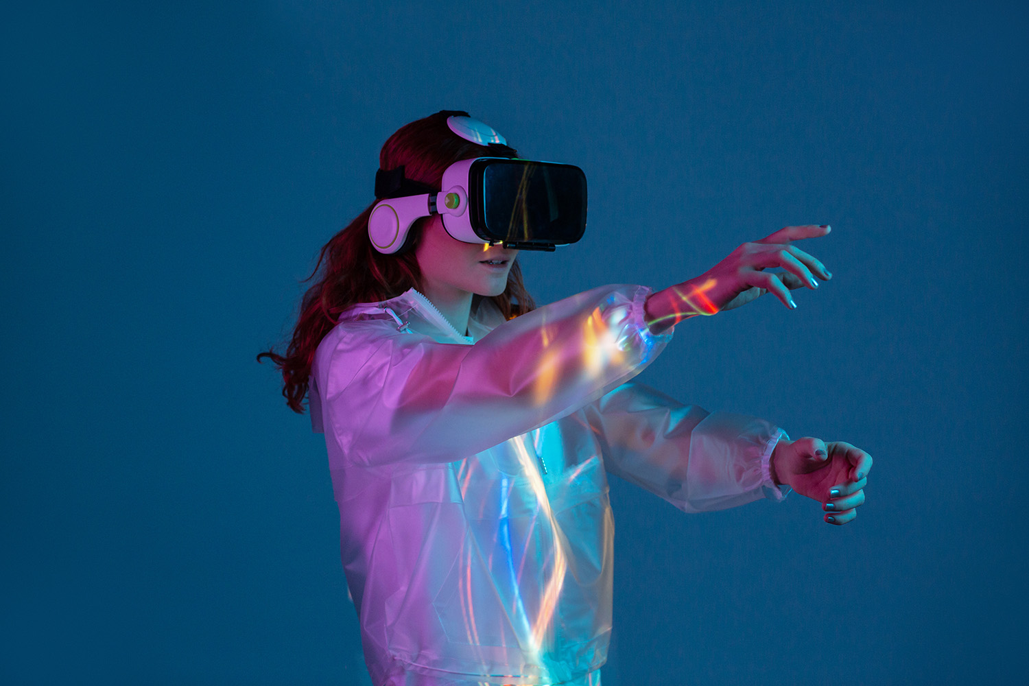 Woman Touching Air In VR Glasses
