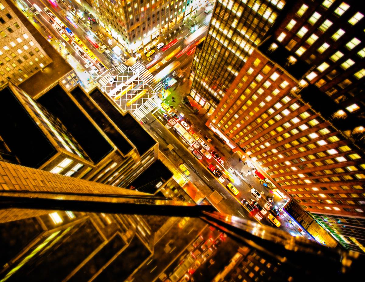 Aerial city lights at night